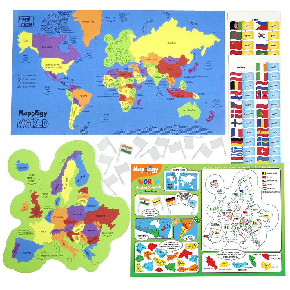Imagimake Mapology World Map Puzzle flags focus on flag recognition during assembly.