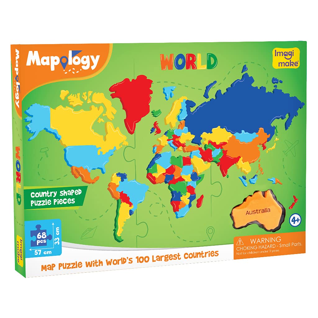 Imagimake Mapology World Map Puzzle shows foam frames for interactive geography play.