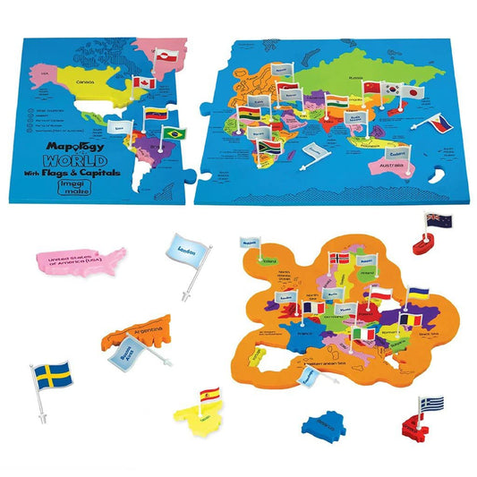 Imagimake Mapology World Map Puzzle frames show three foam frames for tidy, guided play.