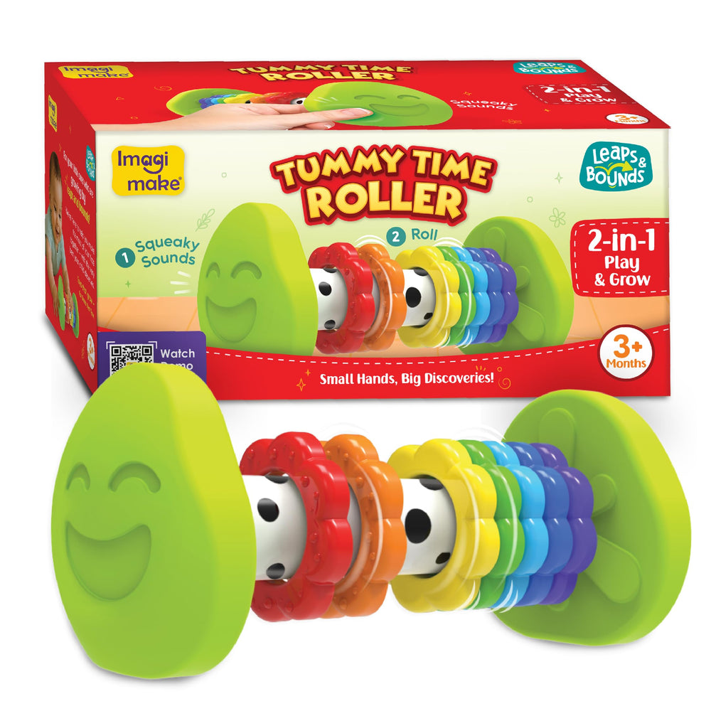 Imagimake Tummy Time Roller rolling action promotes tummy time exploration and curiosity.