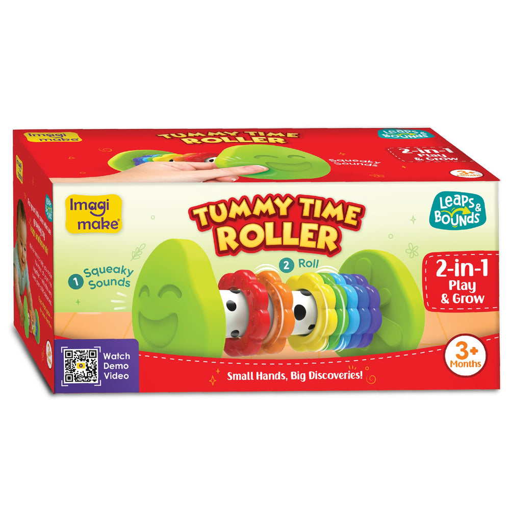 Imagimake Tummy Time Roller gentle squeaks create delightful surprise during floor play.