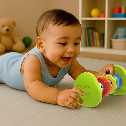 Imagimake Tummy Time Roller with squeaky ends sparks playful interaction during tummy time.