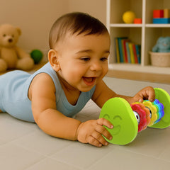 Imagimake Tummy Time Roller with squeaky ends sparks playful interaction during tummy time.