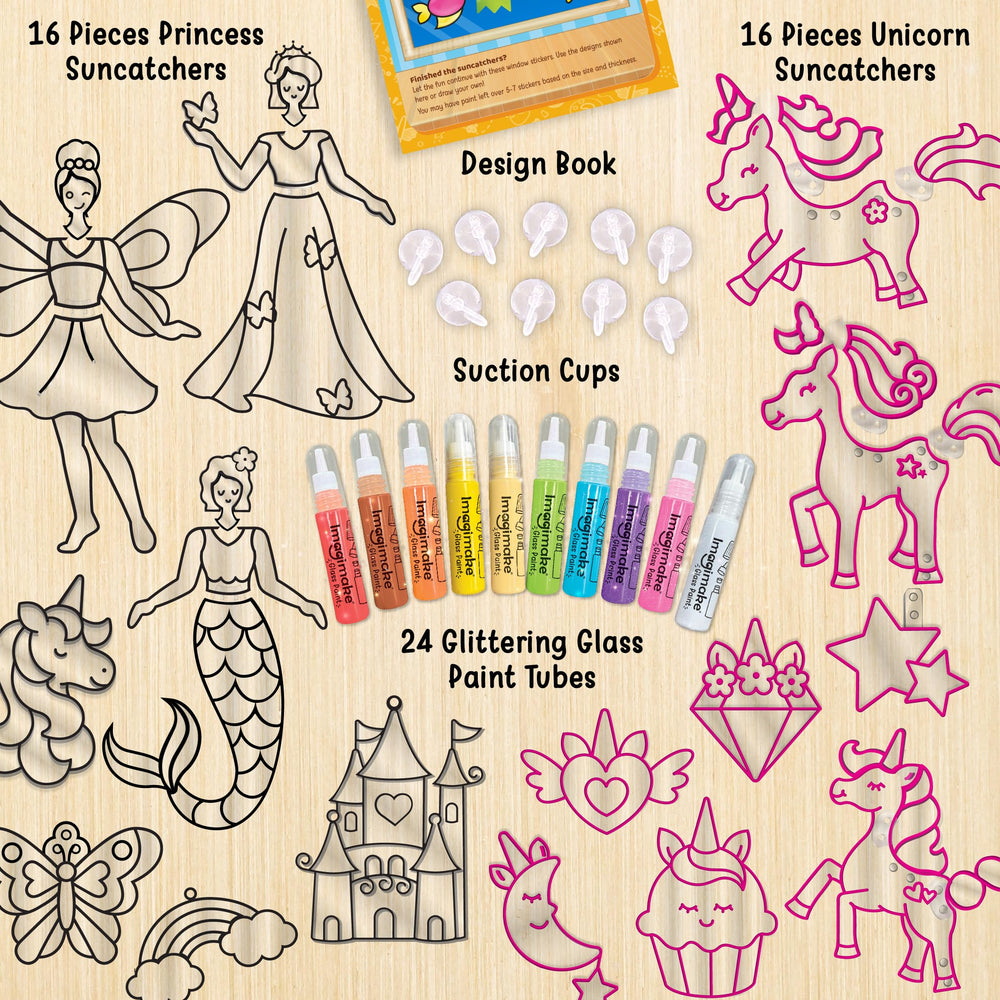 Imagimake glass-paint-tubes provide bright, glittery colors for unicorns and princess suncatchers