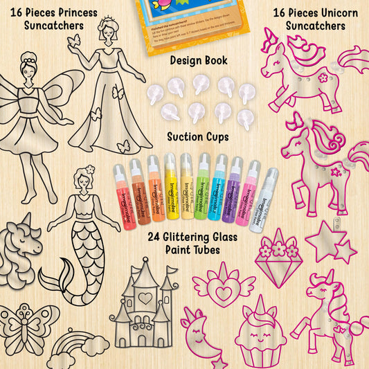 Imagimake glass-paint-tubes provide bright, glittery colors for unicorns and princess suncatchers