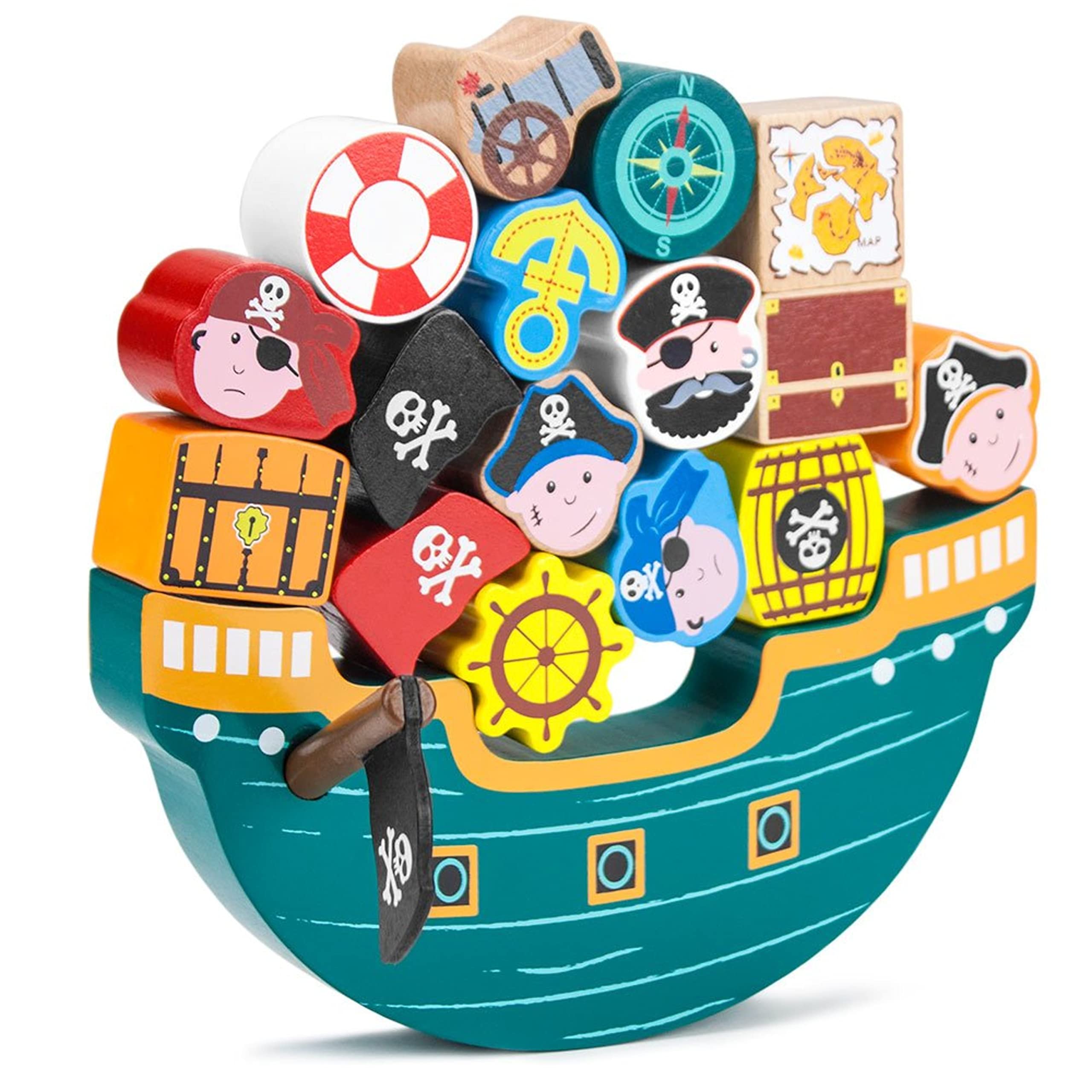 Imagination Generation pirate boat balancing playset assembled with all pieces ready to test dexterity