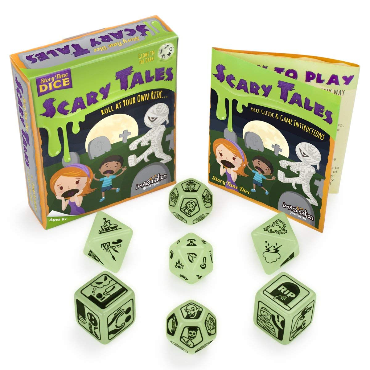 Imagination Generation Story Time Dice glow-in-the-dark highlight for immersive night storytelling.