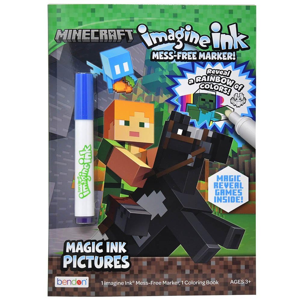 Imagine Ink Minecraft Coloring Book page reveals hidden images for mess-free, screen-free fun.