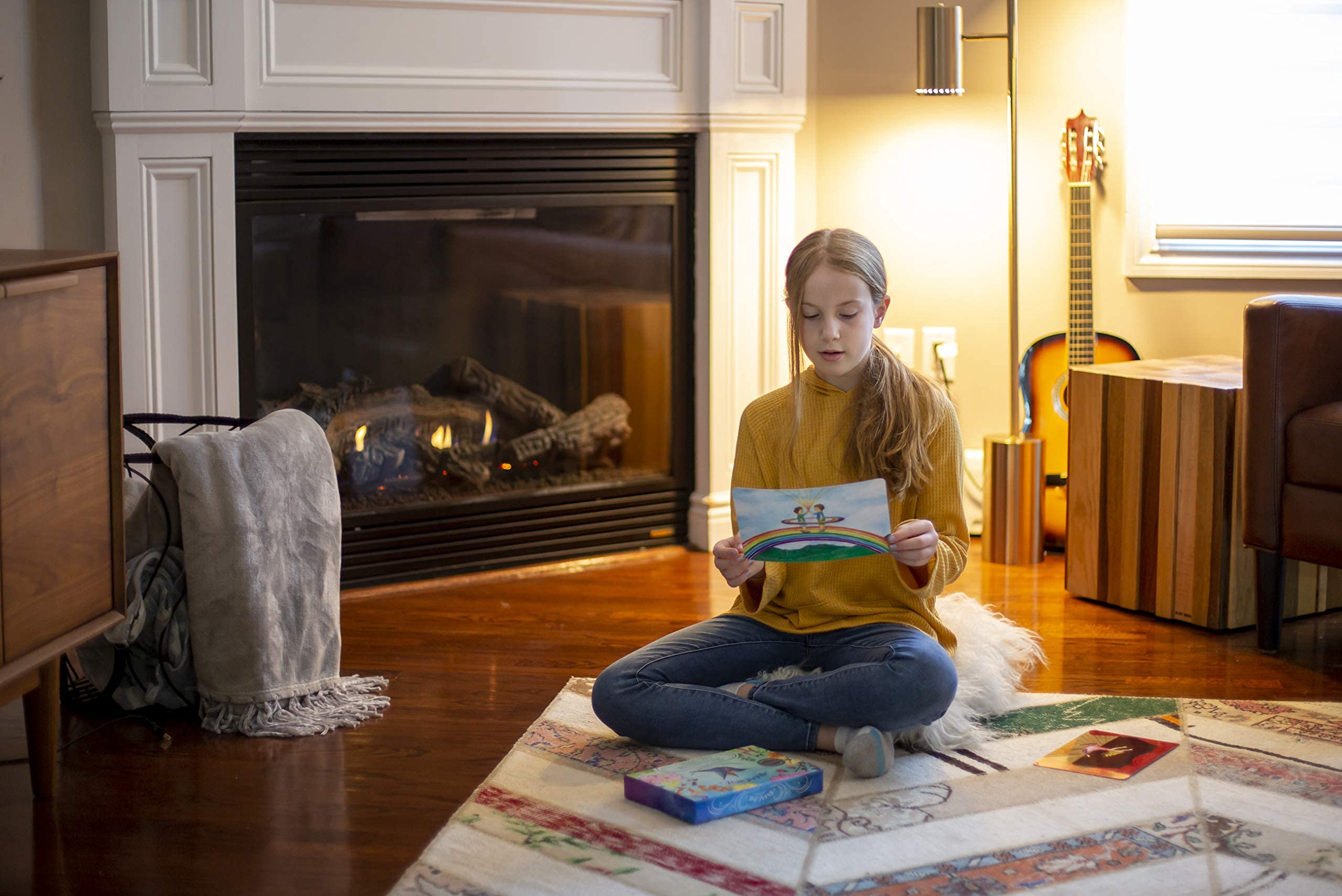 Imagine Meditation Cards for Kids XL breathing card in use during a session