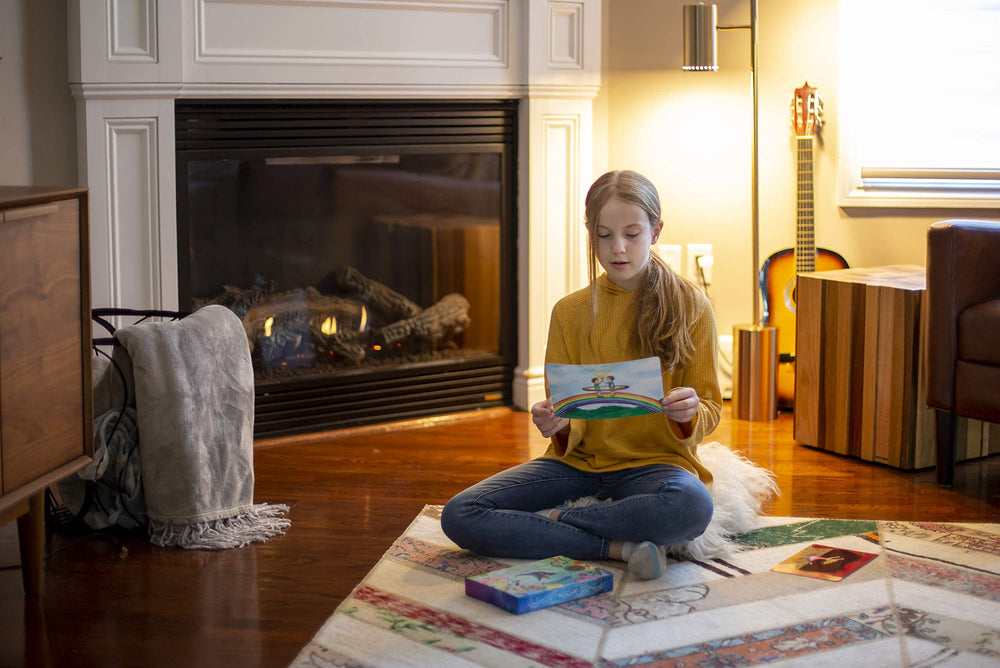 Imagine Meditation Cards for Kids XL breathing card in use during a session