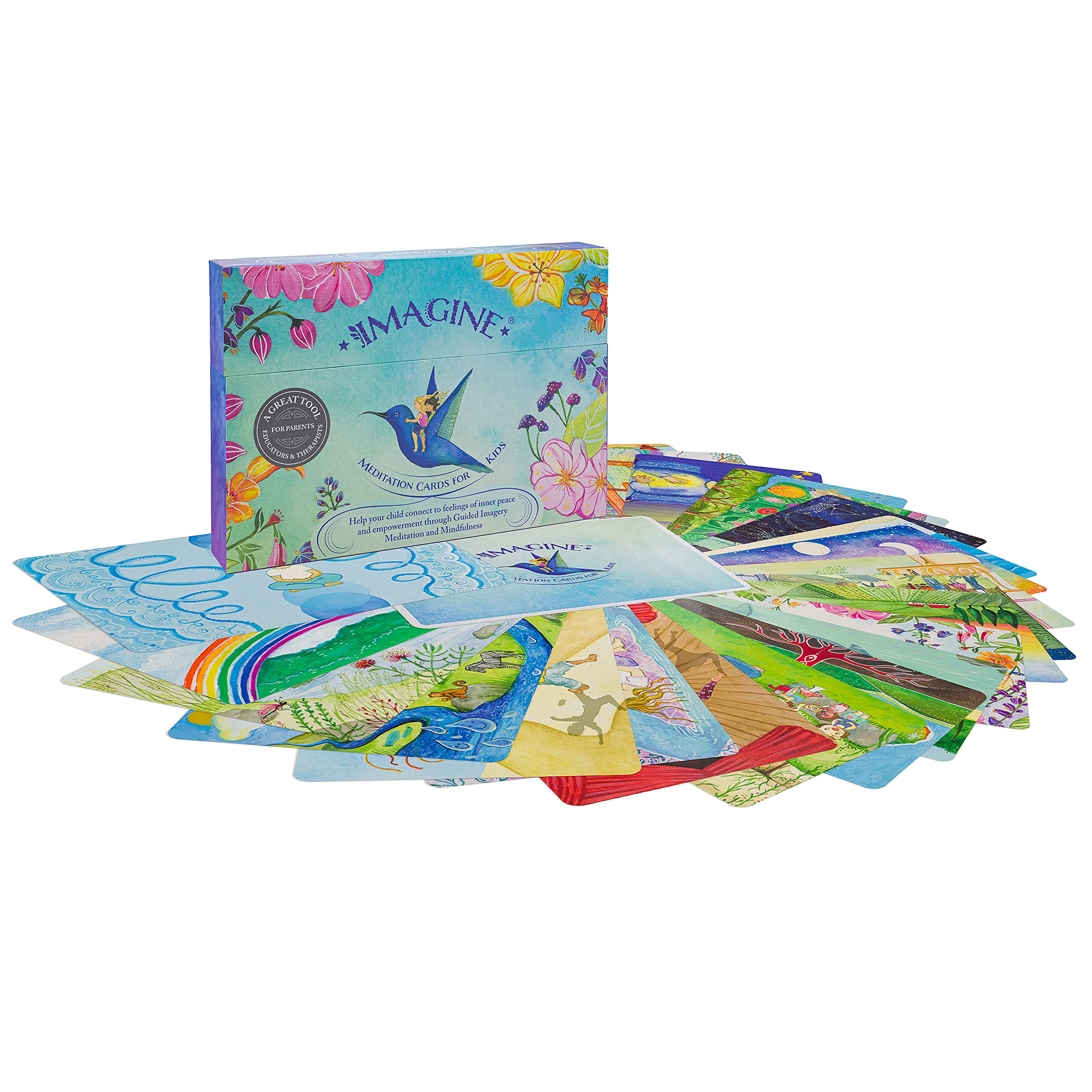 Imagine Meditation Cards for Kids XL cards spread displaying guided imagery for kids