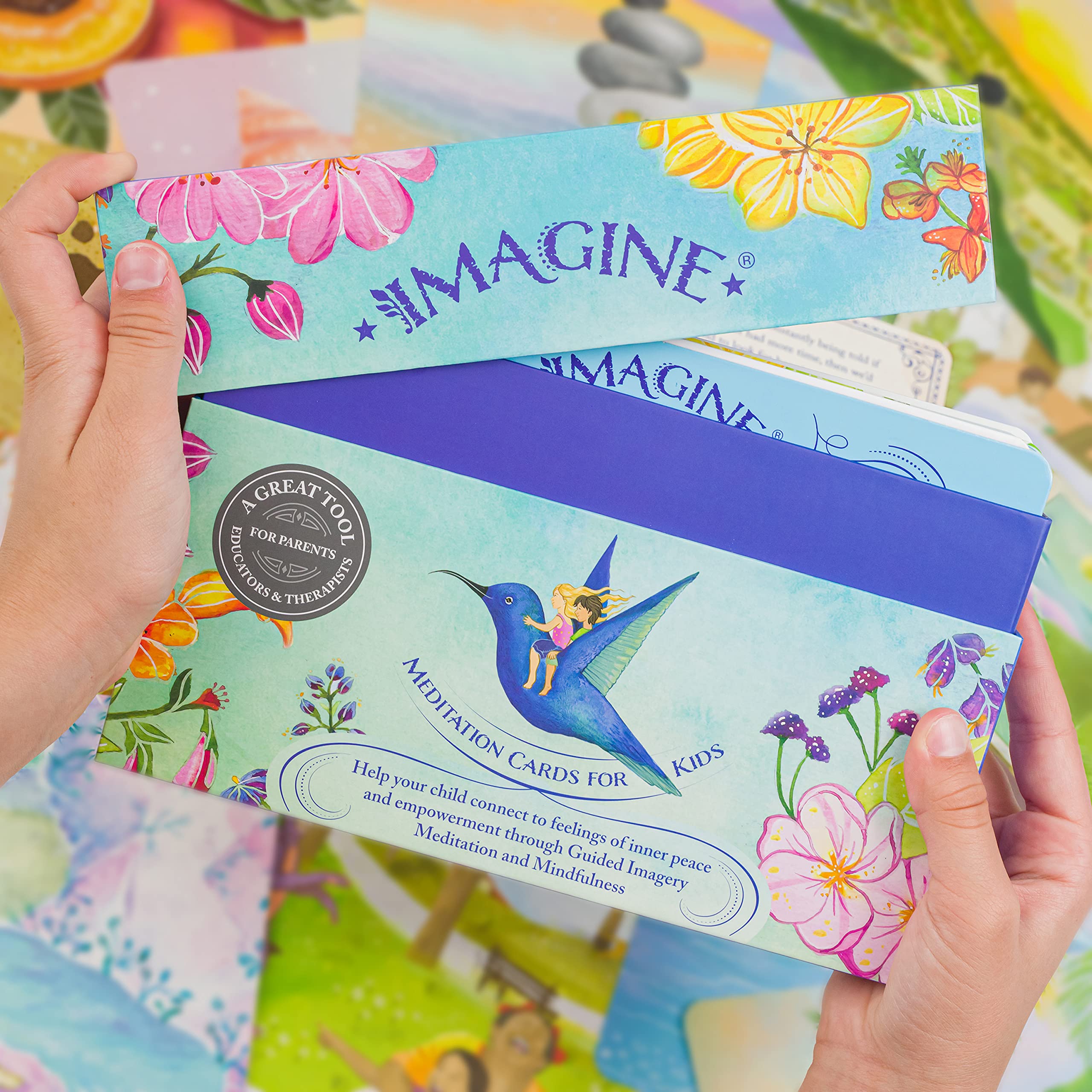 Imagine Meditation Cards for Kids XL close-up of colorful cards for mindfulness