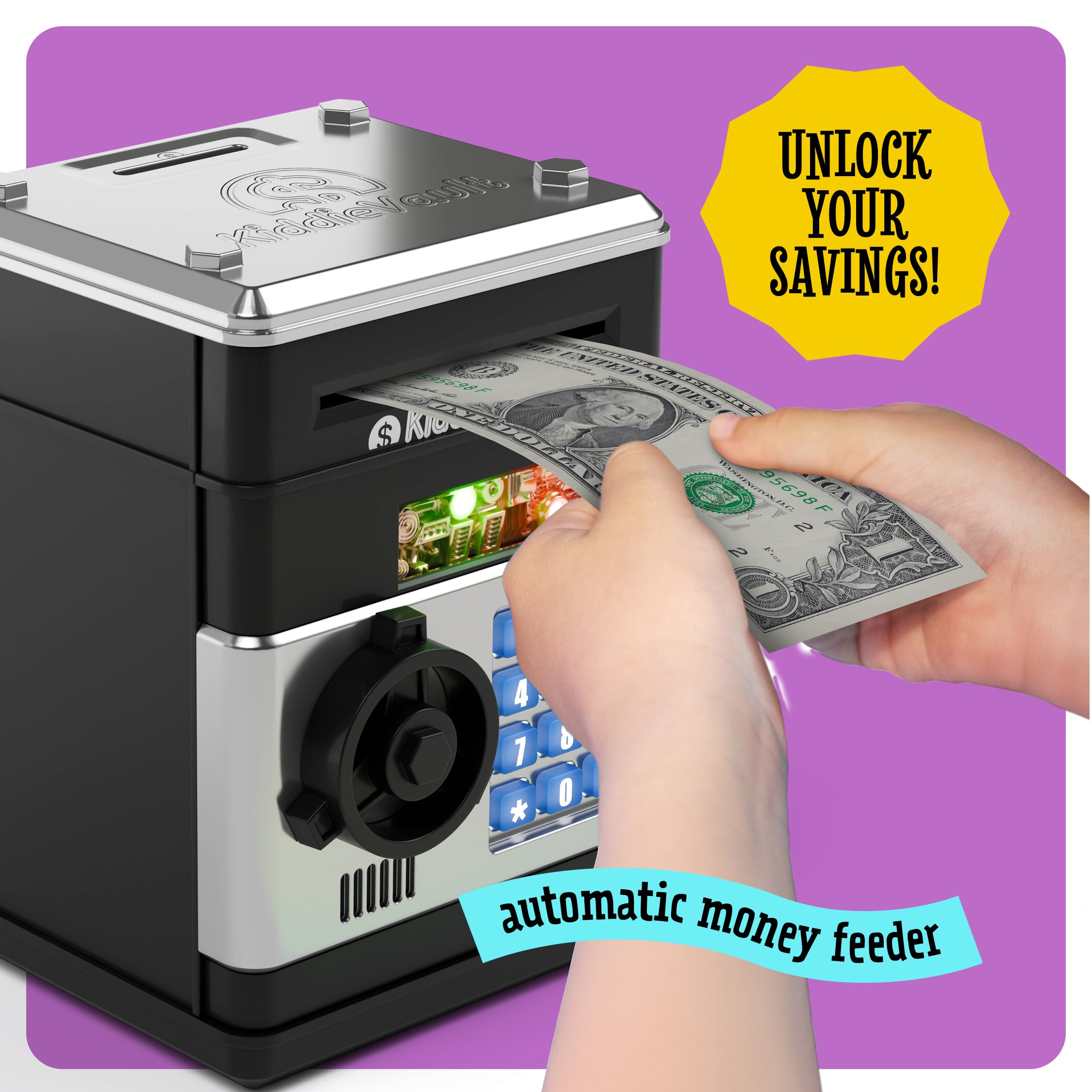 Imagineers KiddieVault automatically accepts deposits with lights and sounds.