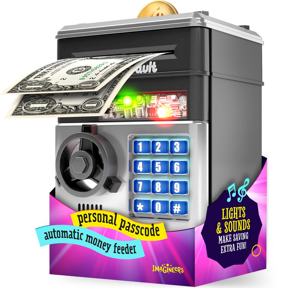 Imagineers KiddieVault passcode vault opens securely for kid-friendly savings.