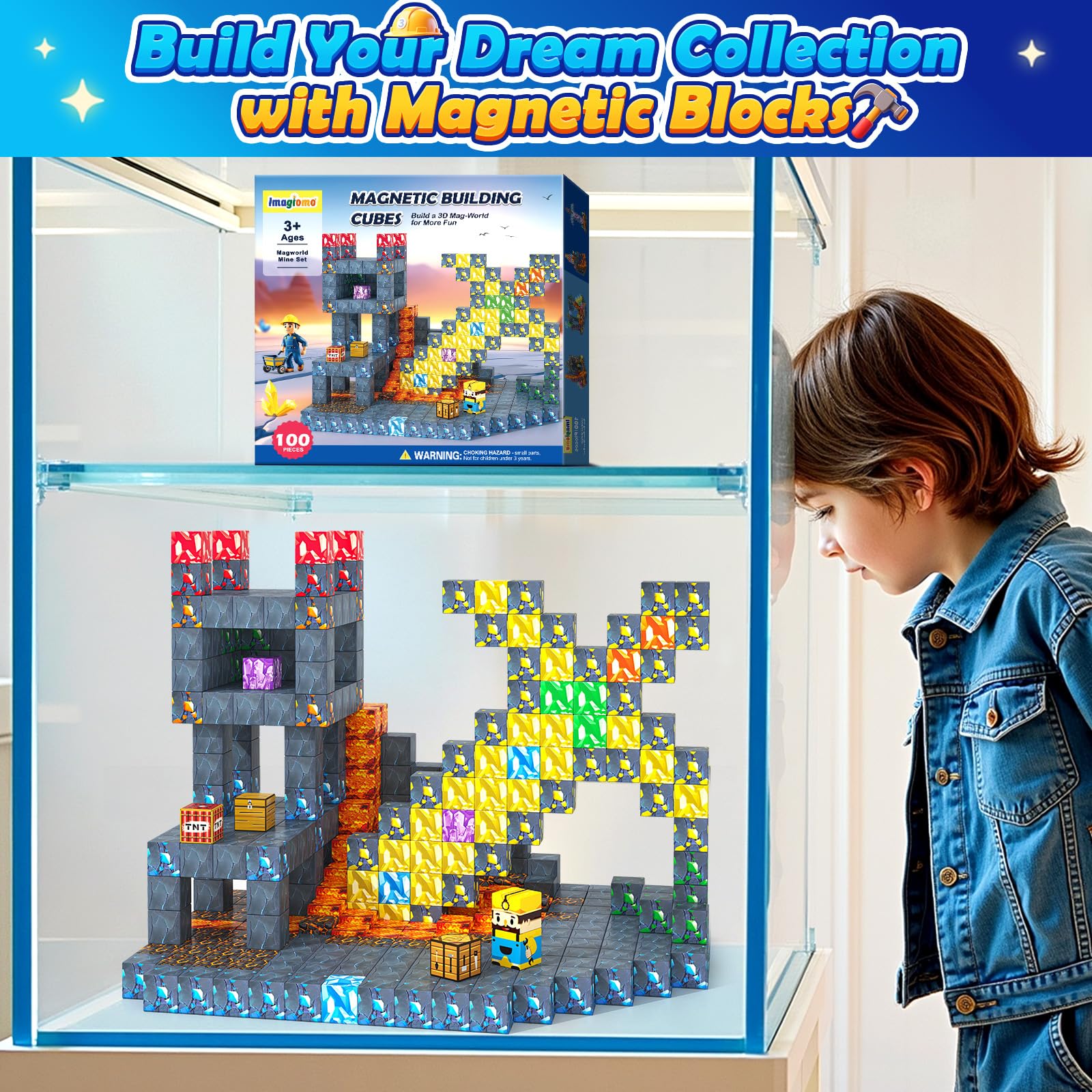 Imagiomo magnetic blocks with TNT and magma themes support colorful building play.
