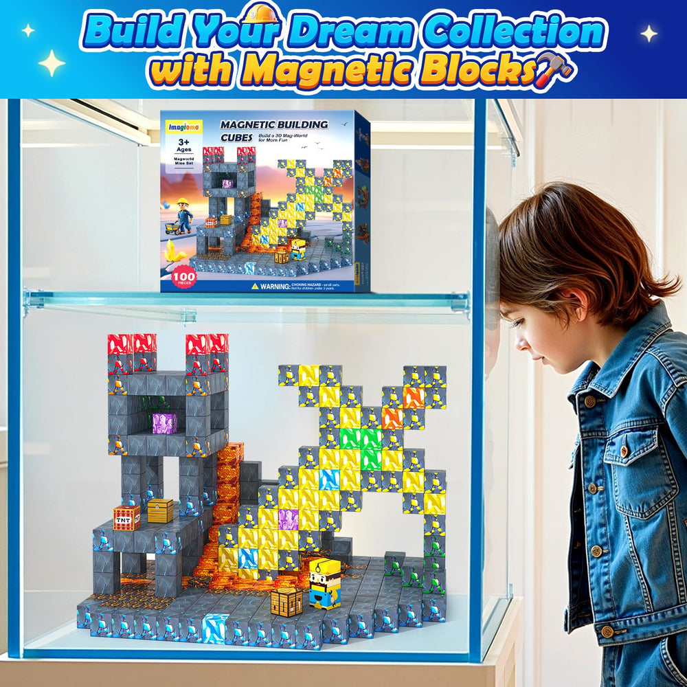 Imagiomo magnetic blocks with TNT and magma themes support colorful building play.