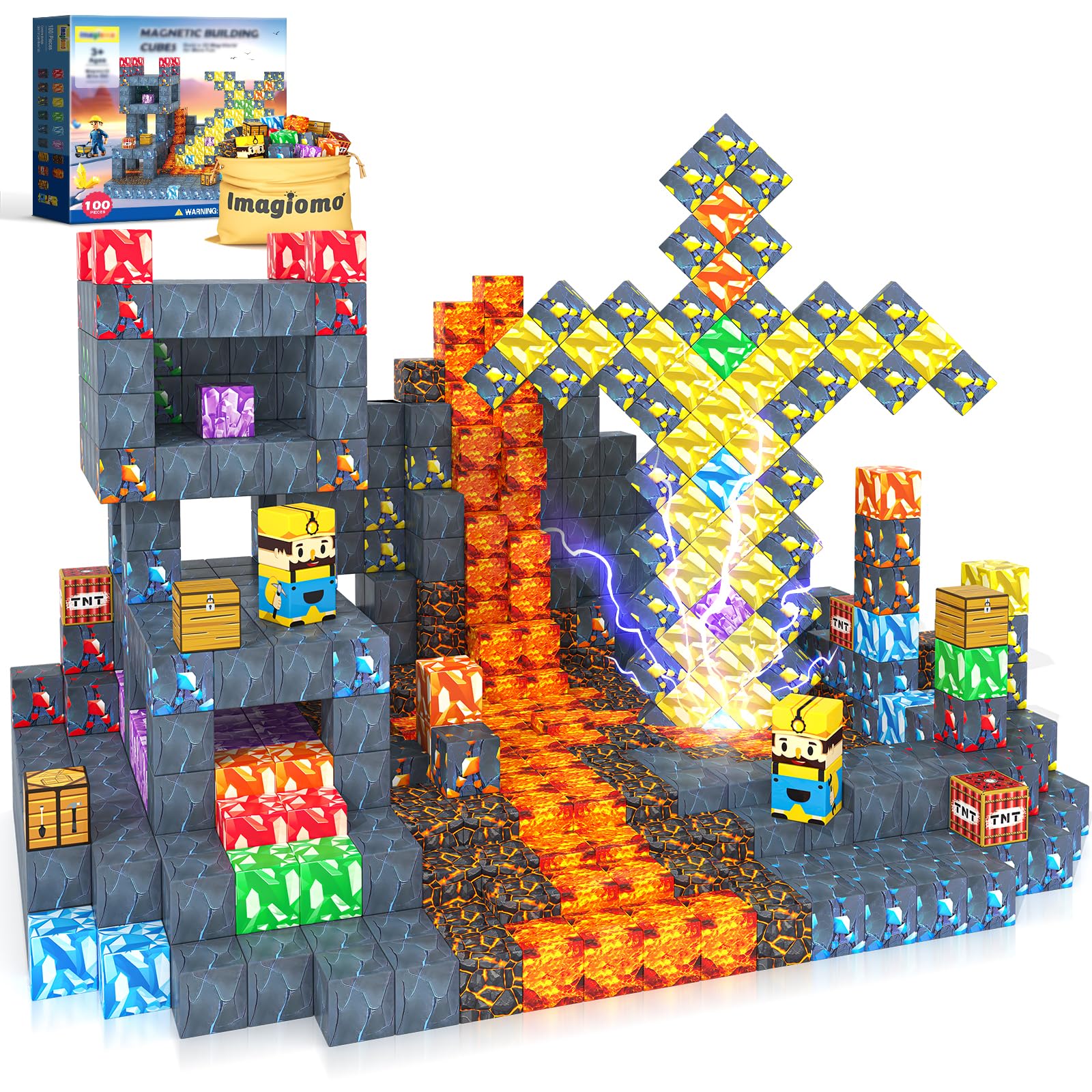 Imagiomo 100pcs magnetic blocks ignite mine adventure, fueling creativity and hands-on learning.