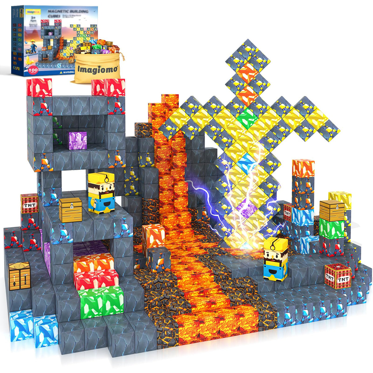 Imagiomo 100pcs magnetic blocks ignite mine adventure, fueling creativity and hands-on learning.