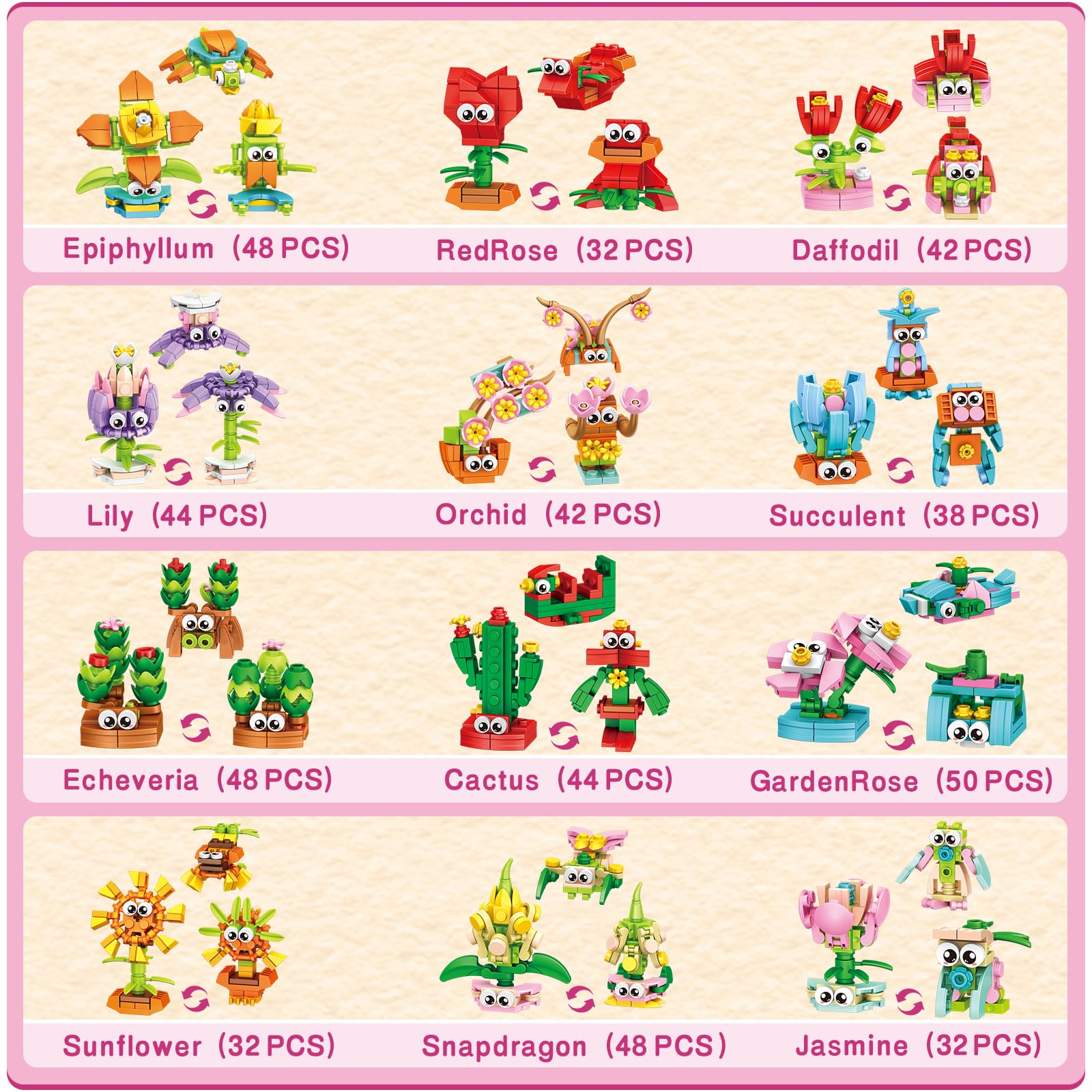IMCUAMK flower blocks showing a variety of blossoms for creative builds