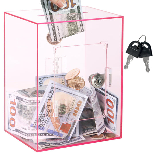 Imeepa clear acrylic piggy bank with pink finish showing growing savings