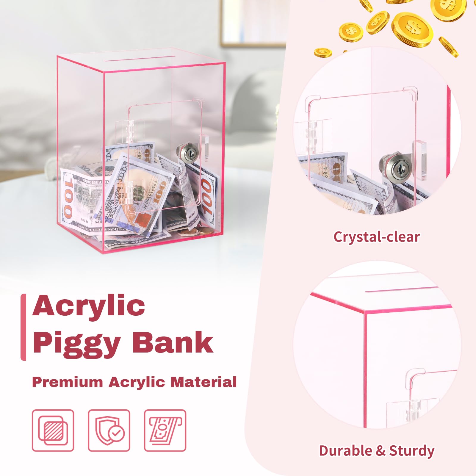 Imeepa large capacity piggy bank with wide deposit slot suitable for coins and bills