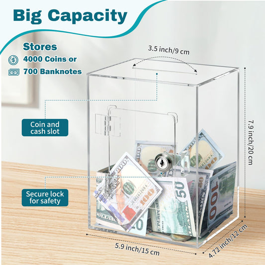 Imeepa transparent acrylic money box highlights deposits and future goals.