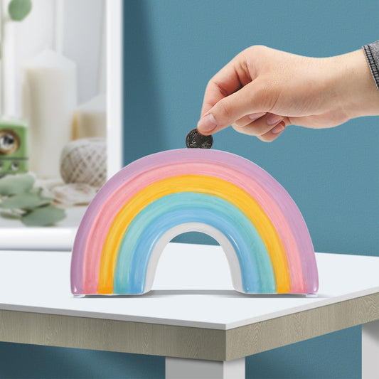 IMIKEYA piggy bank rainbow design serves as a vibrant home accent and education tool