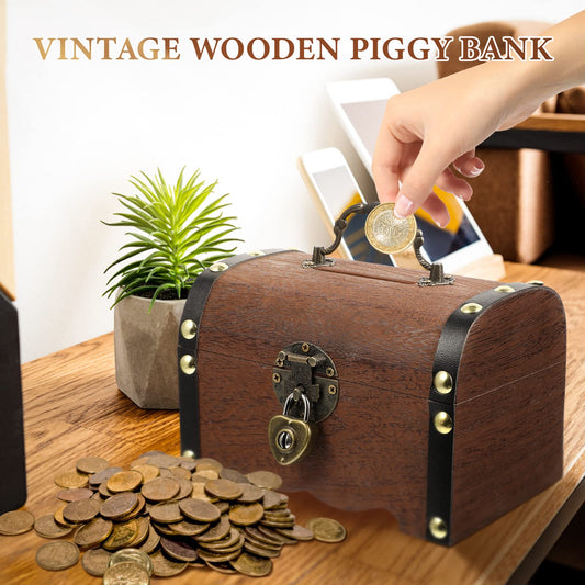 IMIKEYA piggy bank wooden box with a classic lock design for secured savings.