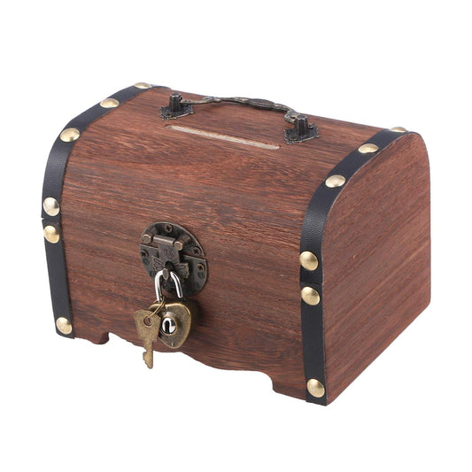IMIKEYA vintage wood treasure chest piggy bank on a shelf for rustic decor.
