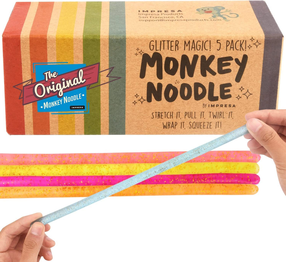 IMPRESA Glitter Sensory Noodle Strands stretched for focus and stress relief.