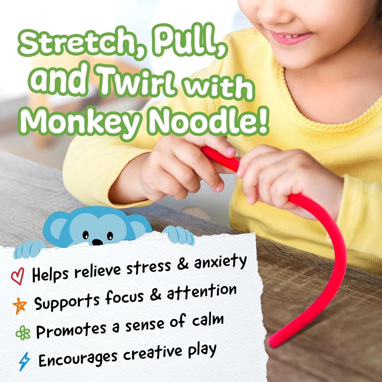 Colorful Monkey Noodles on display to engage kids during learning.