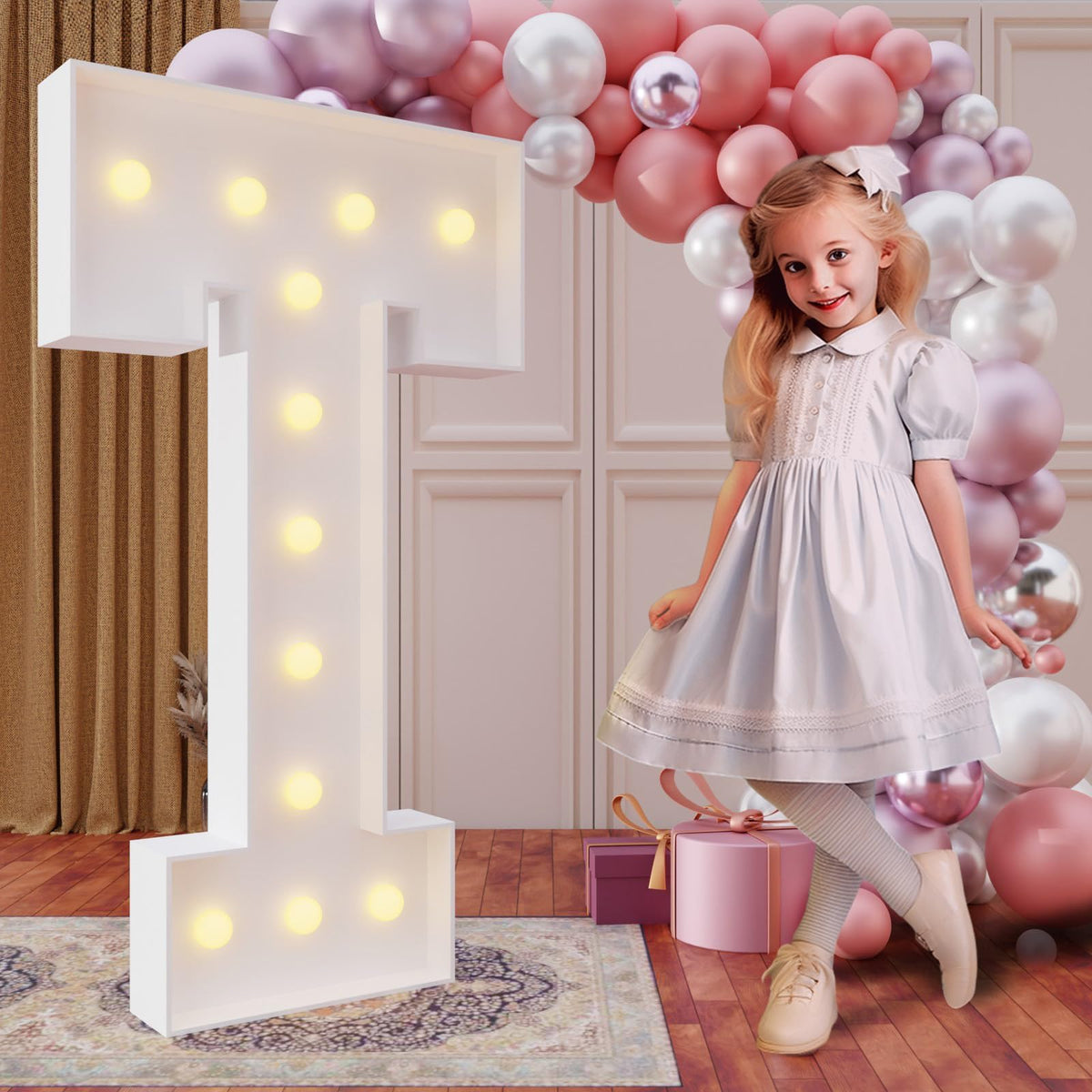 imprsv 4ft marquee letter T glowing backdrop ideal for birthdays and celebrations.