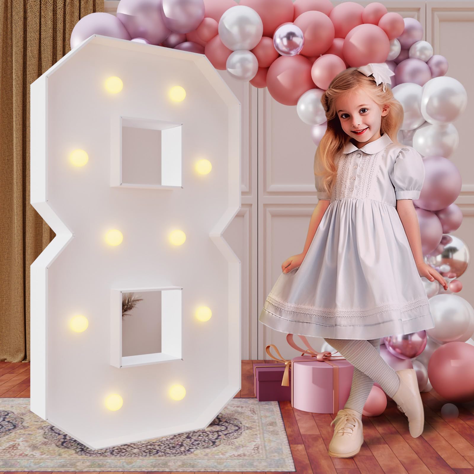 imprsv 4ft marquee number 8 assembly view, easy DIY backdrop for celebrations.