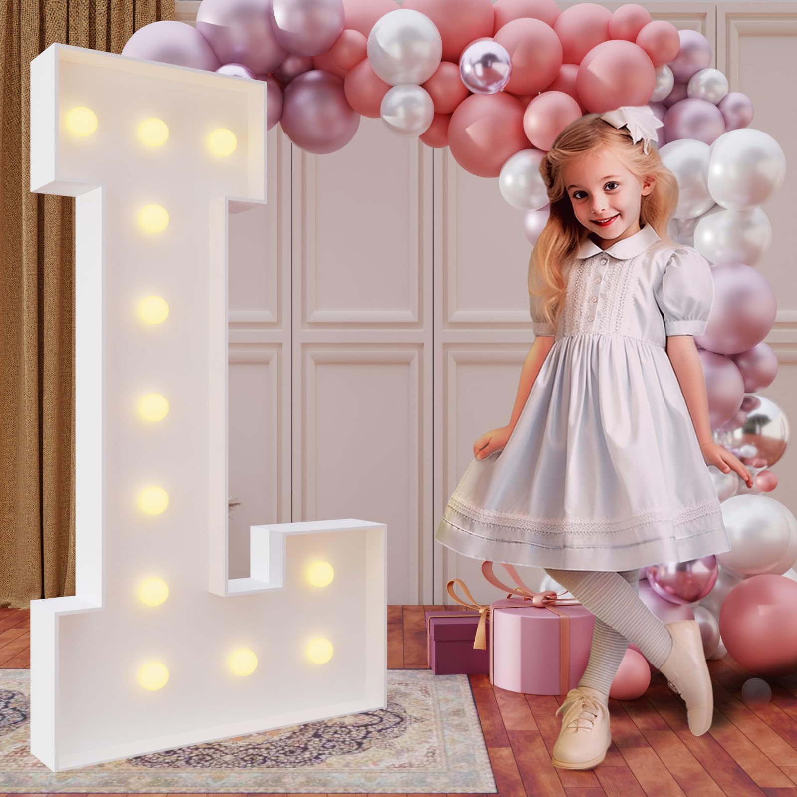 imprsv L marquee letter front view shows bold 4 ft glow for party backdrops