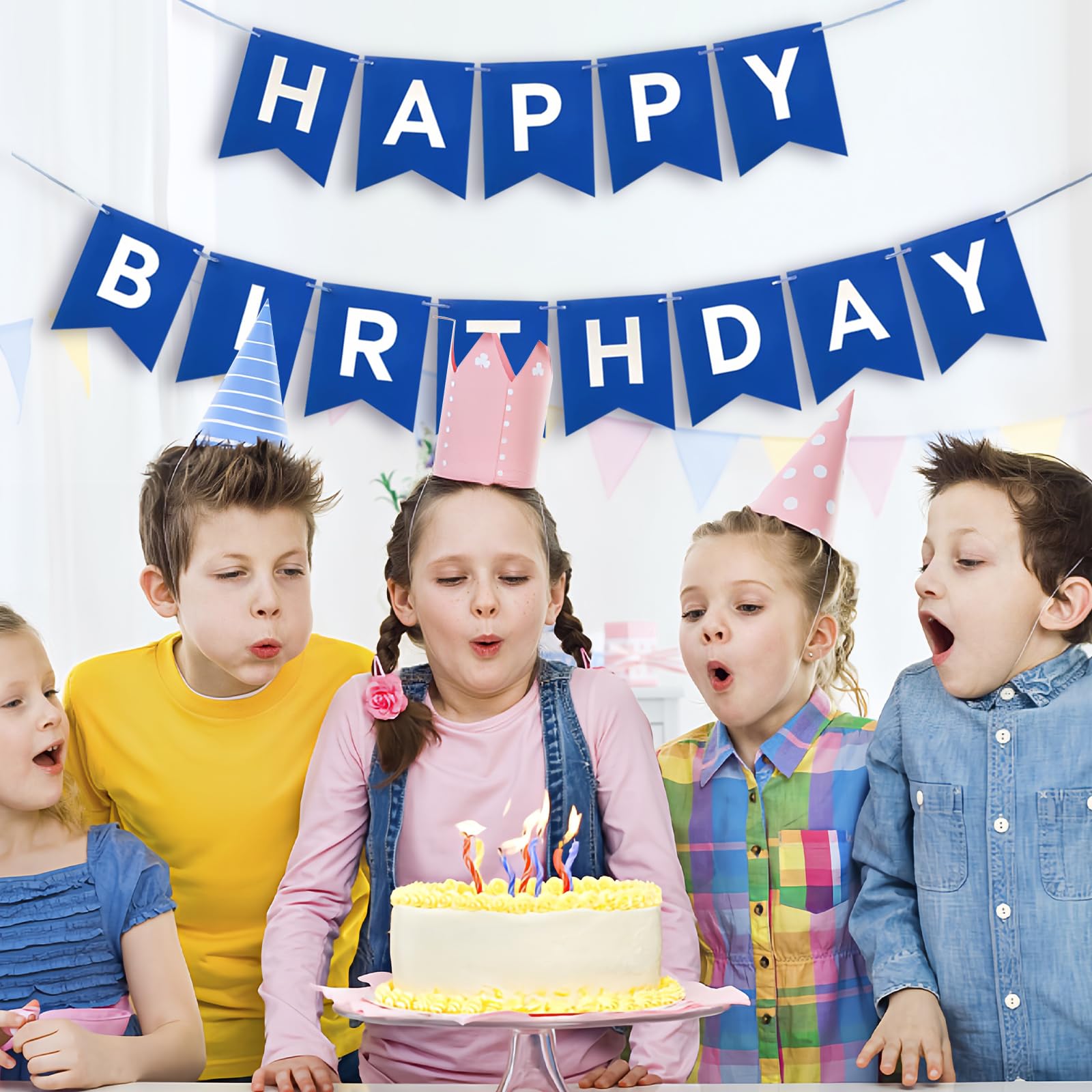 Imtively birthday flag bunting 13-sides blue adds cheerful color to walls.