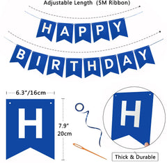 Imtively happy birthday garland blue decor creates a playful centerpiece.