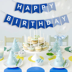 Imtively reusable party banner blue reduces waste and clutter.