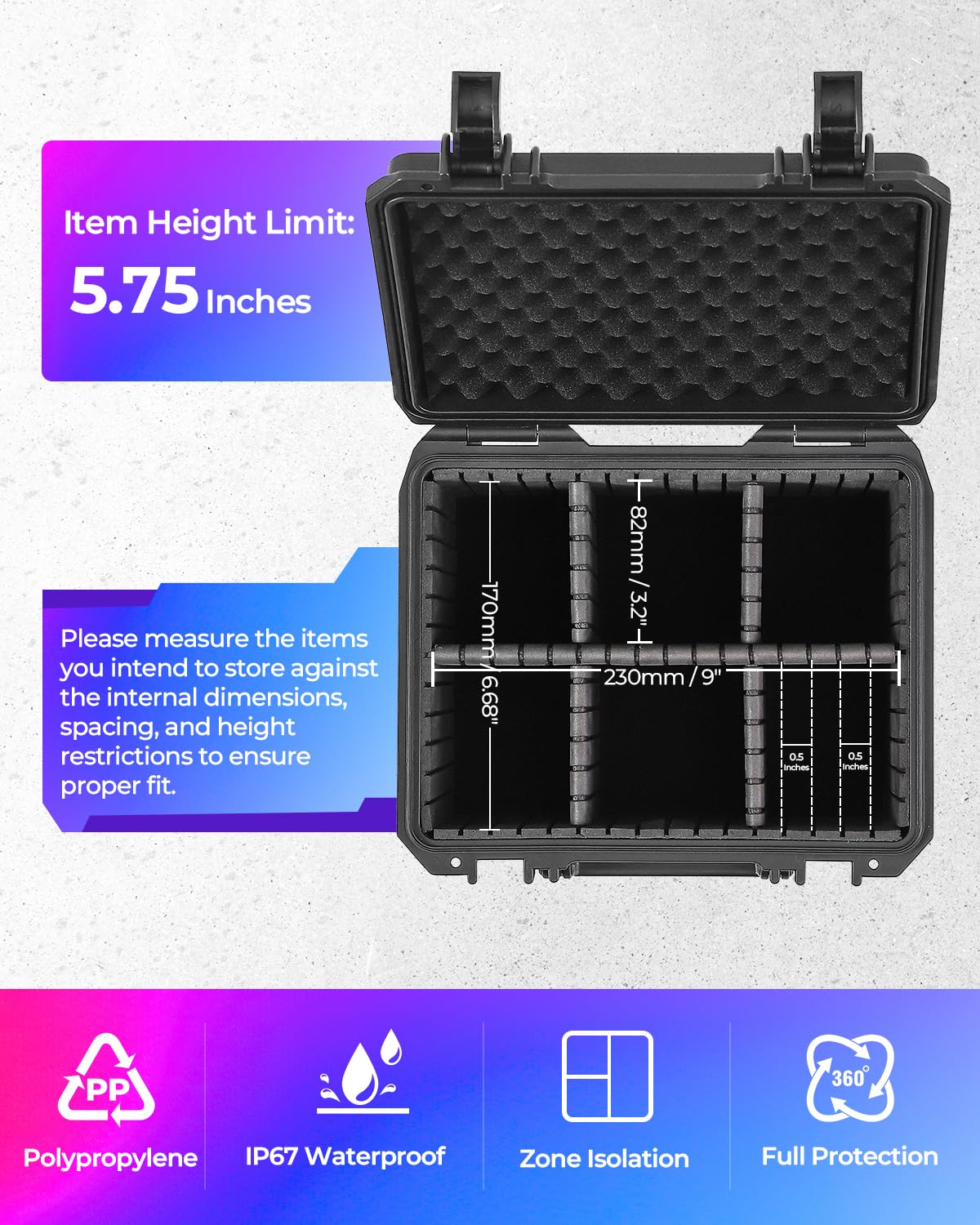 Portable carrying handle supports travel to shows and events.