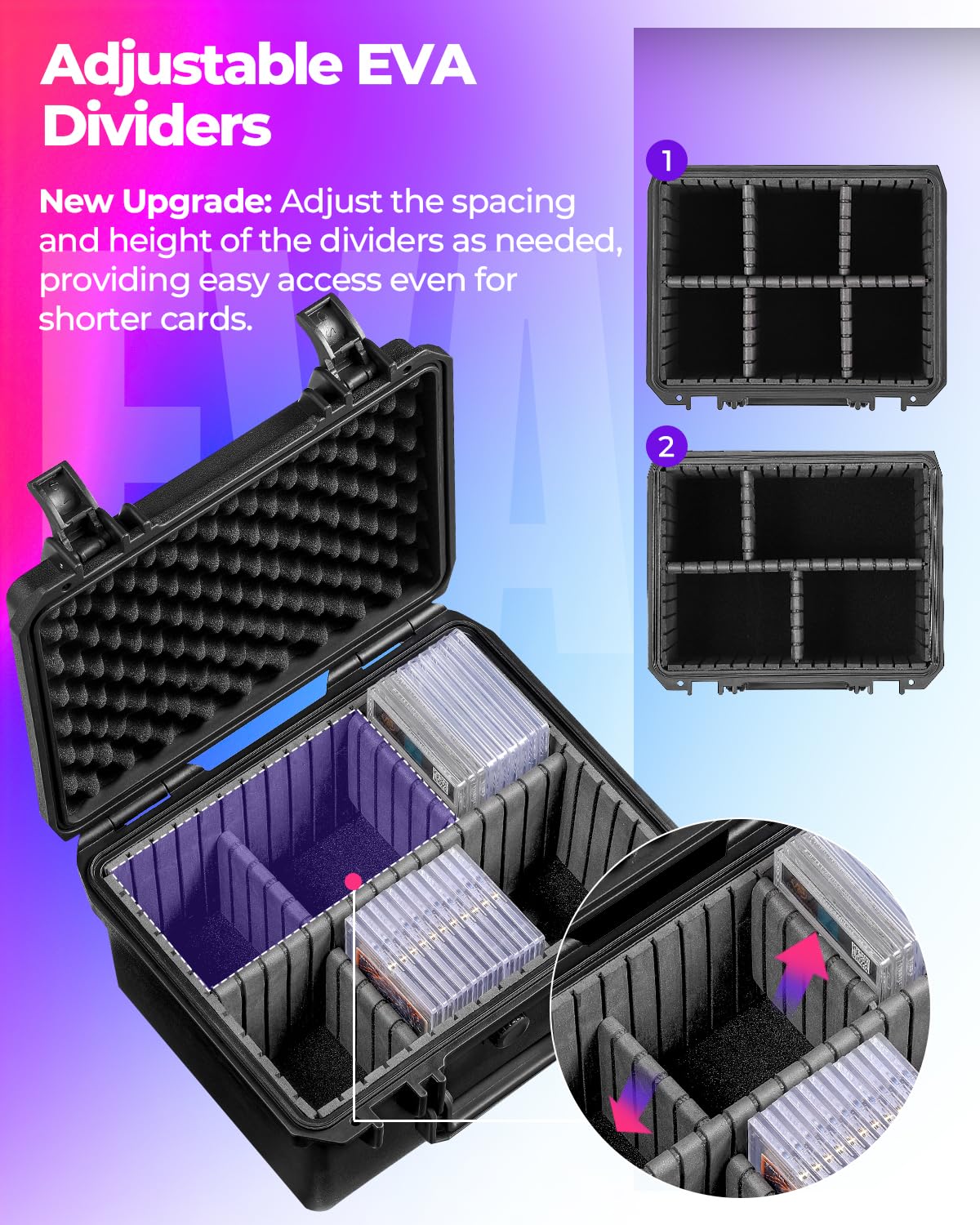 INCHOICASES Sports Card Case dividers show custom compartments for different sets.