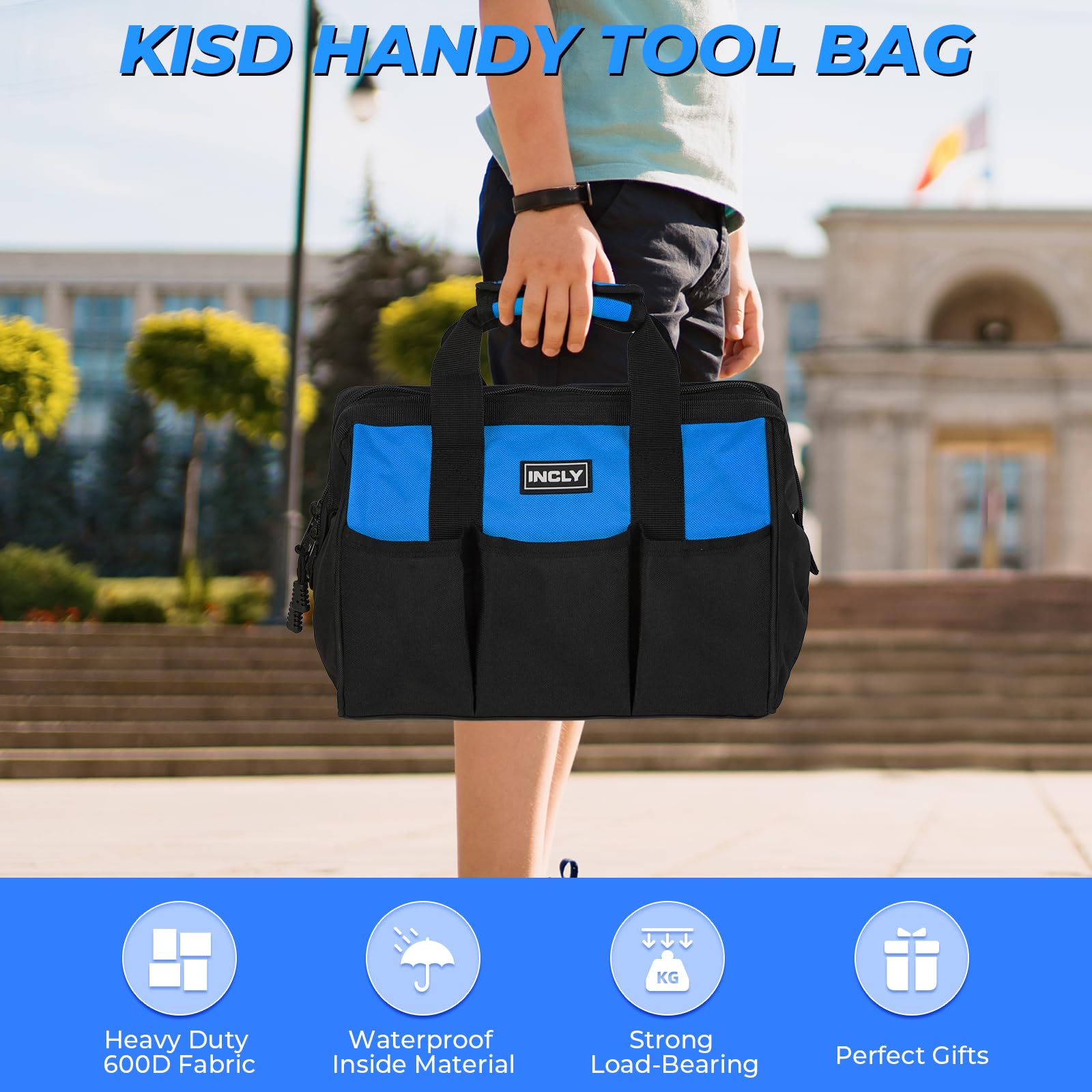 INCLY 24-pcs kids real tool set tool bag keeps tools organized.