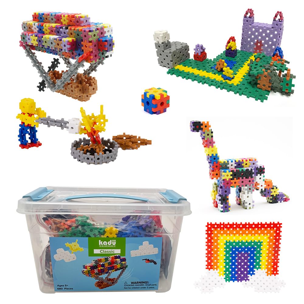 Open-ended KADU 680pc rainbow set shown for imaginative building.
