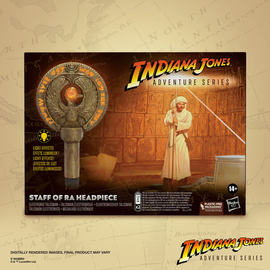 Indiana Jones headpiece with light-up inscriptions enhances costume realism.