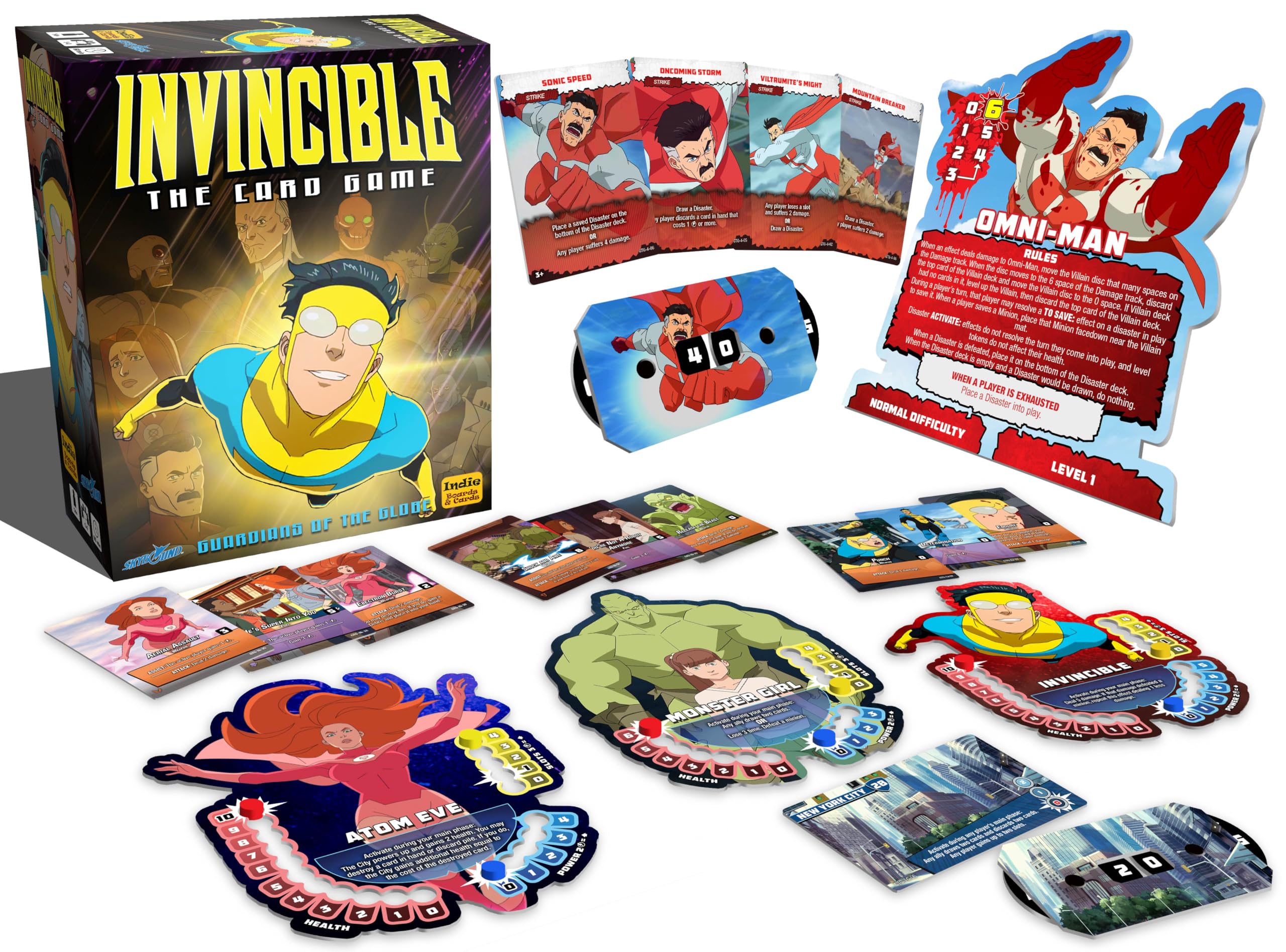Indie Boards and Cards Invincible Guardians of the Globe cards and deck components illustrate fast strategic play.