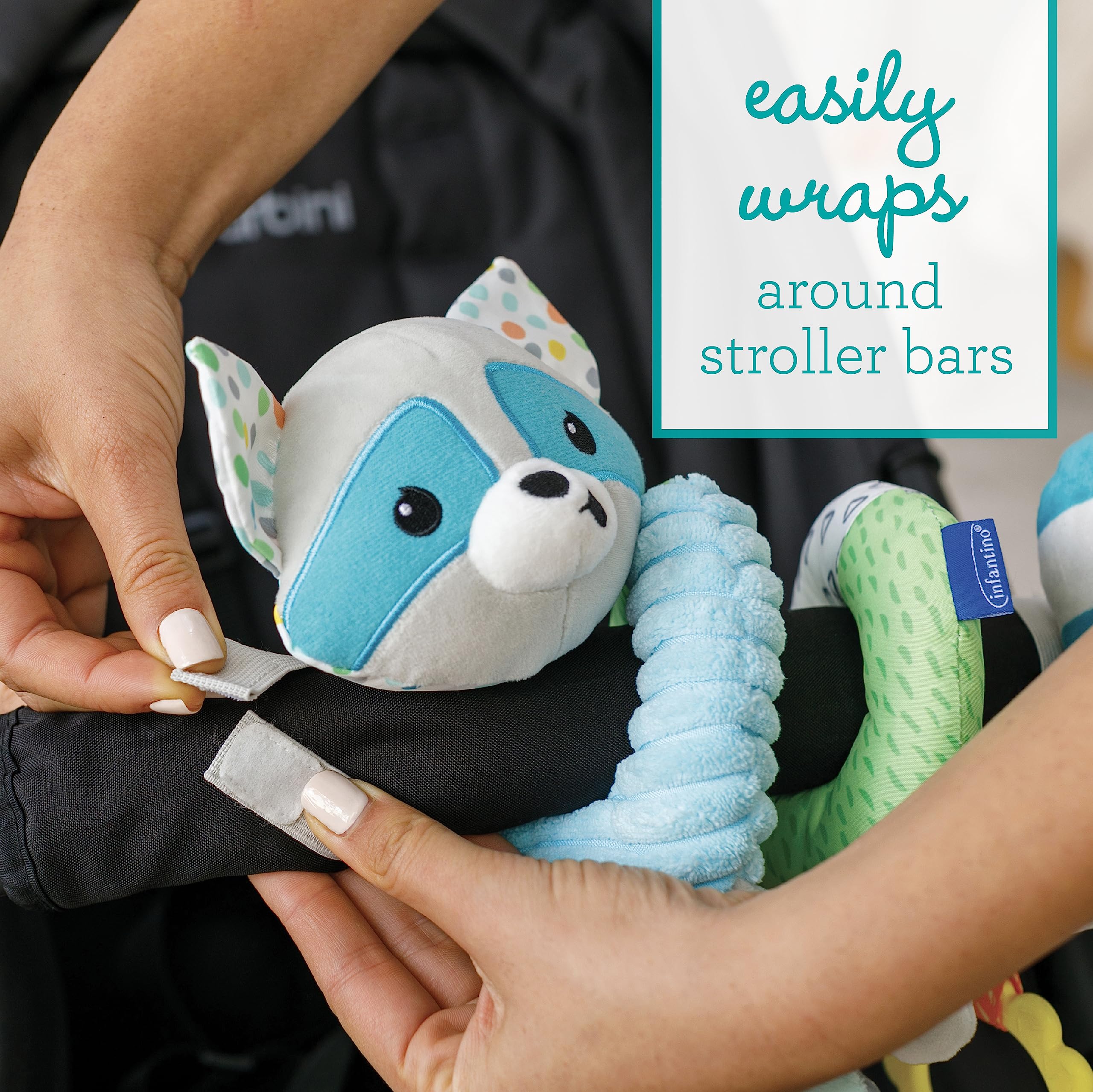 Infantino Spiral Toy flower teether provides soft, safe chewing surfaces for teething relief.
