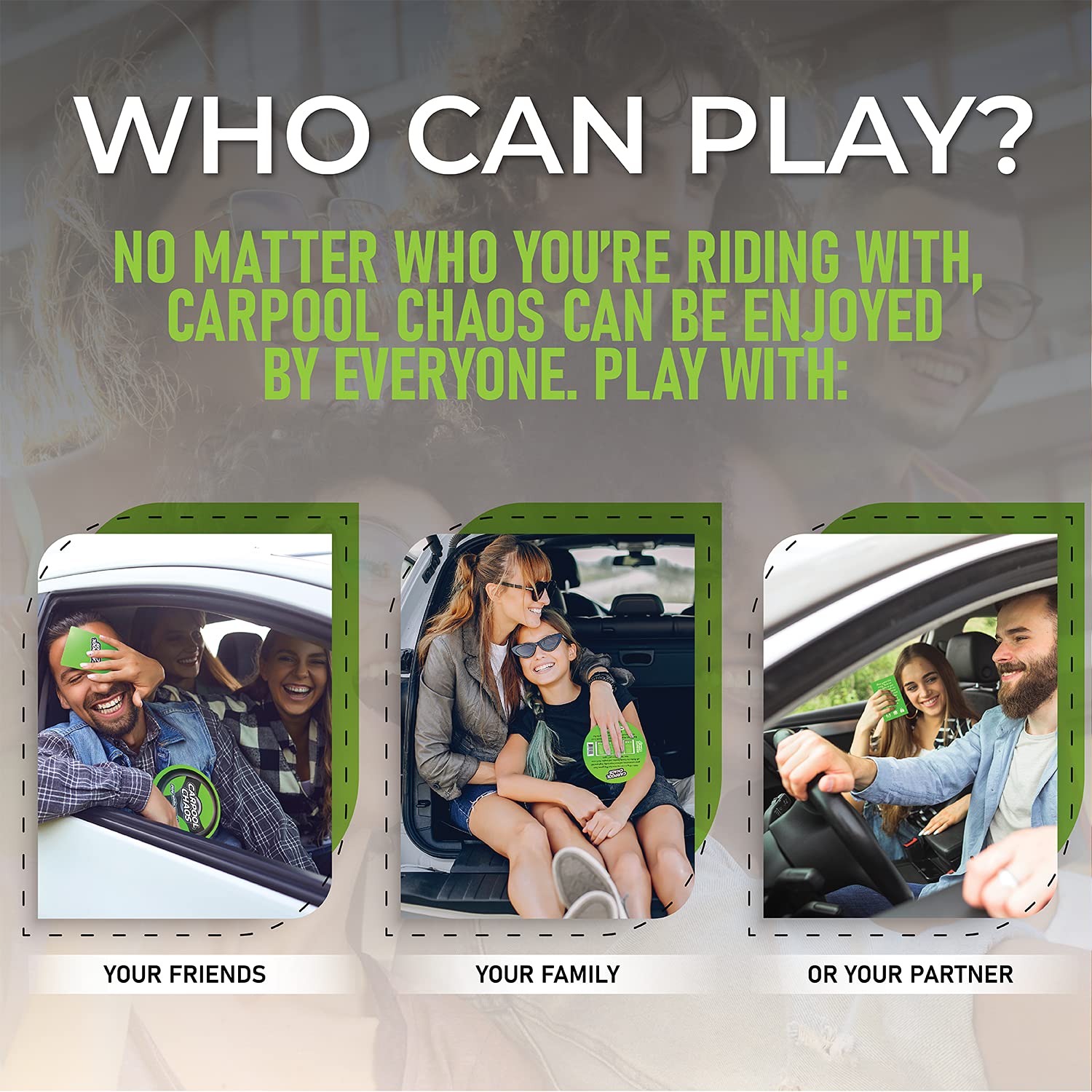 Carpool Chaos bingo card in use during a road trip