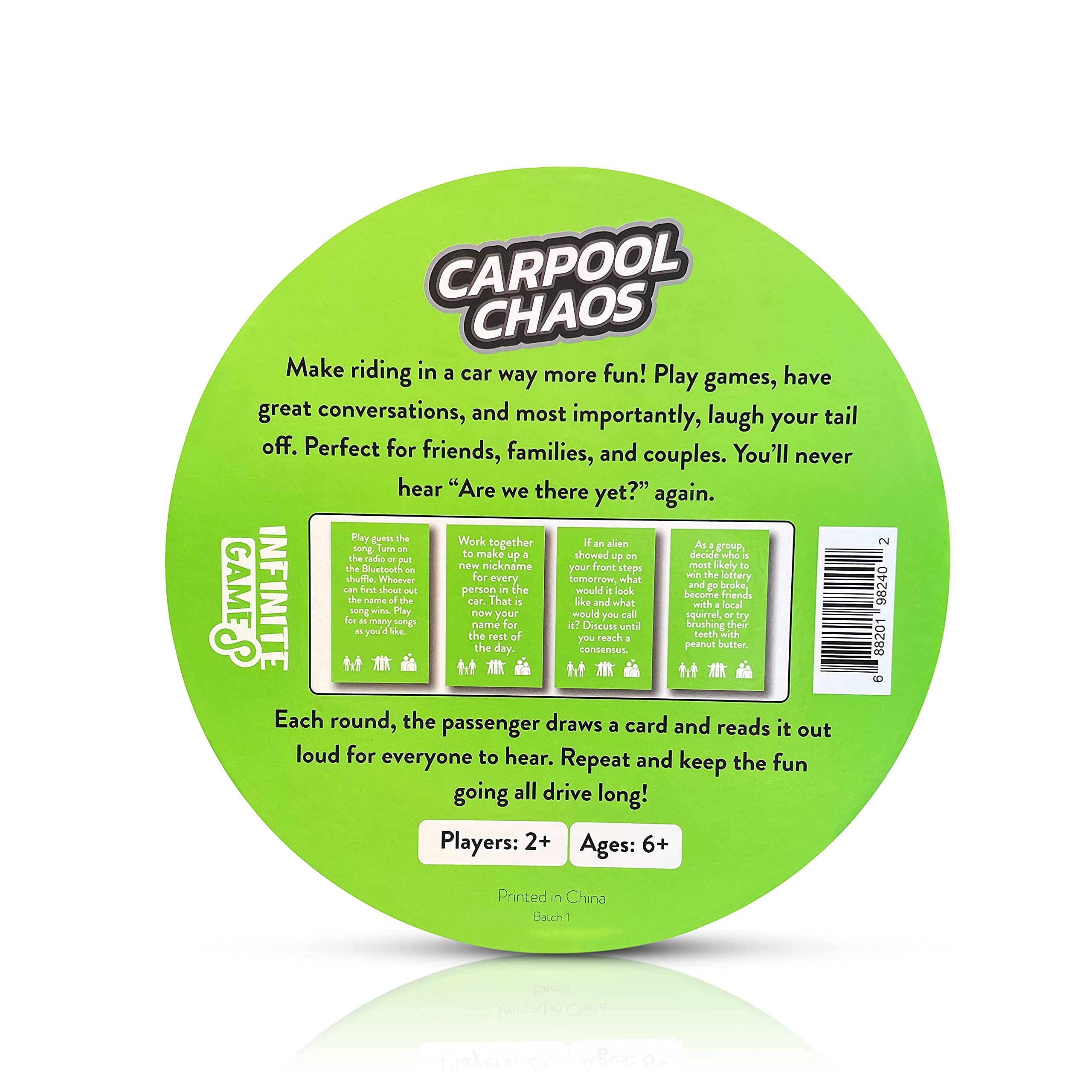 Box contents of Carpool Chaos including cards and simple rules