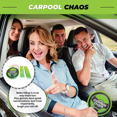 Carpool Chaos cards spread across a car tray for family fun
