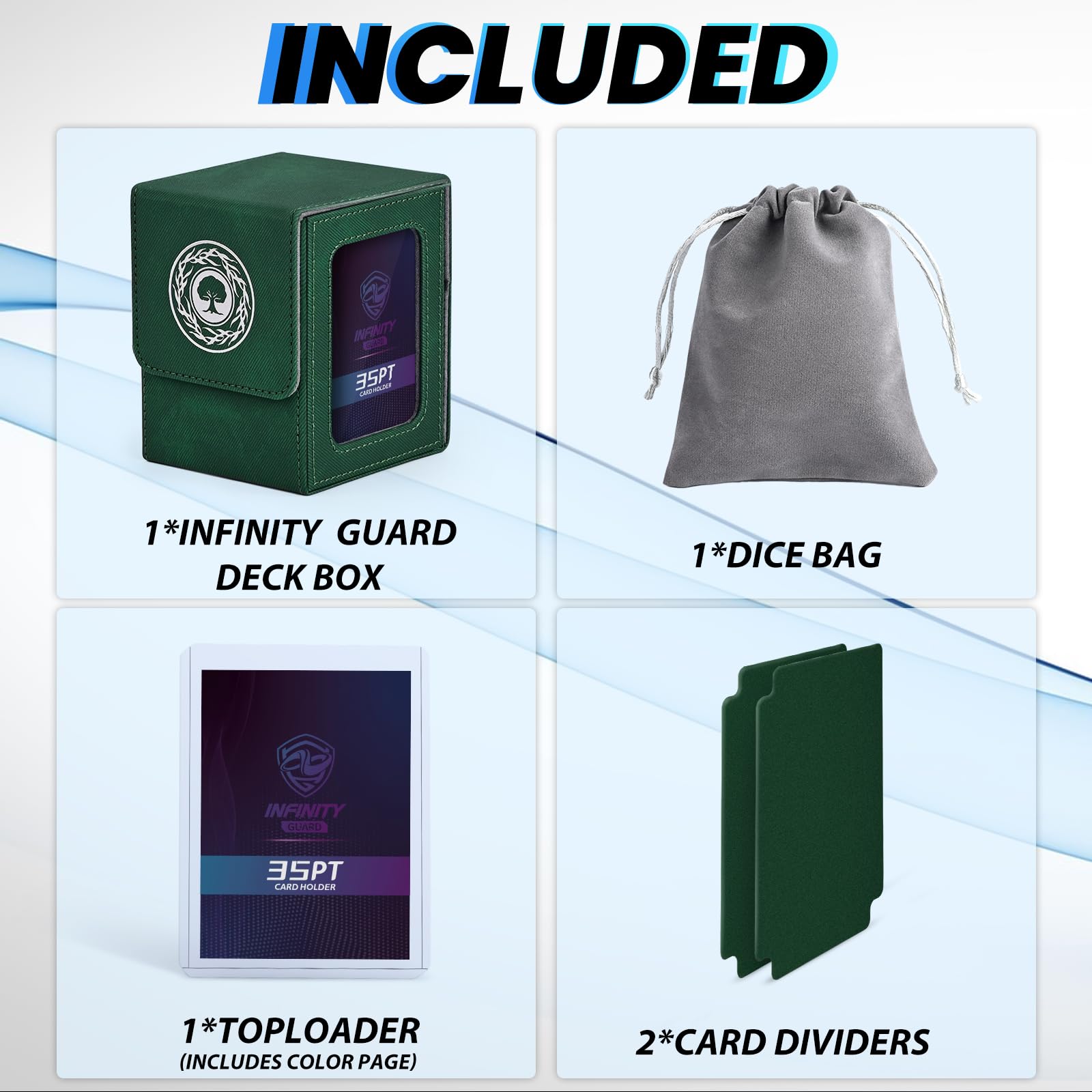 Infinity Guard holds 100+ doublesleeved MTG cards for extended play.