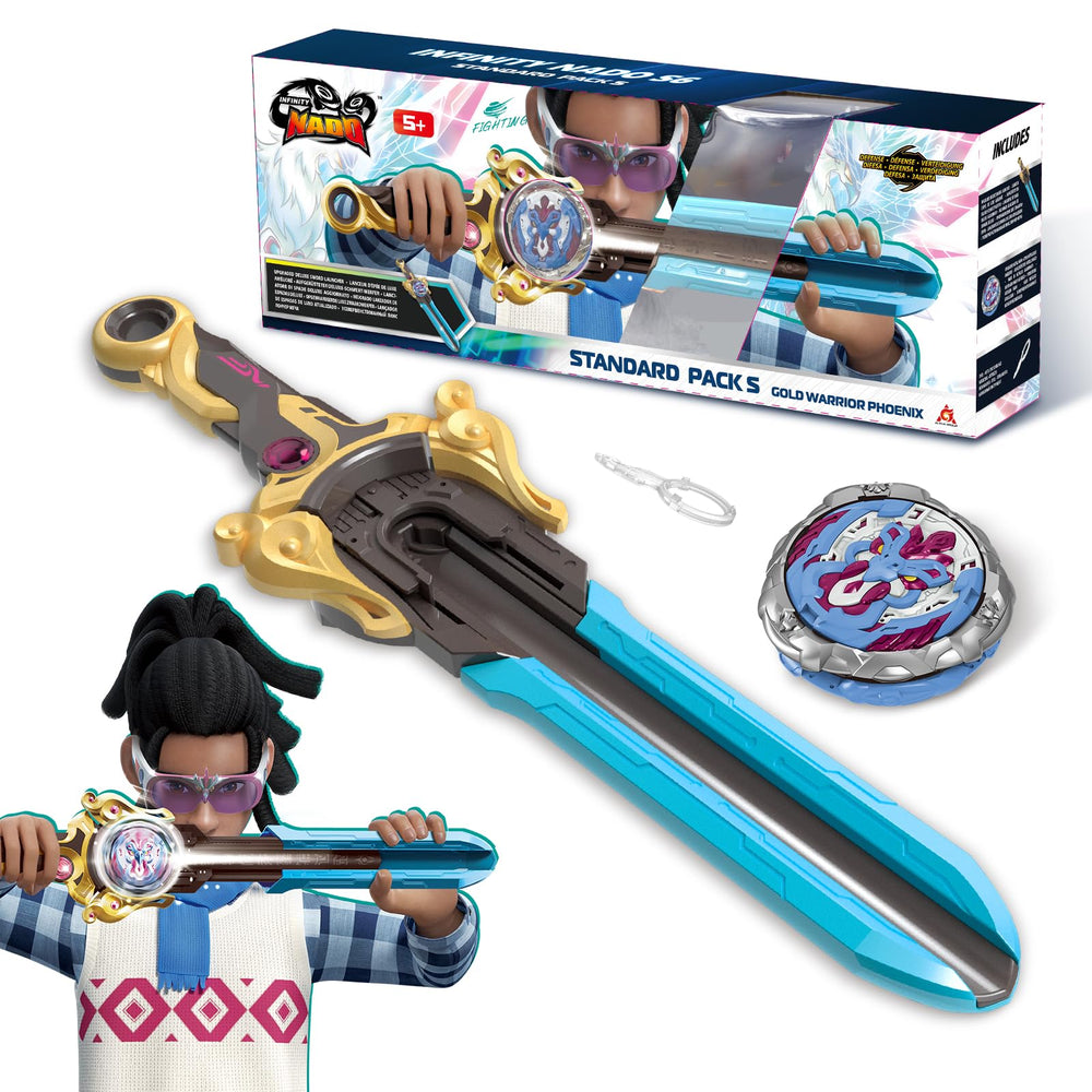 Infinity Nado battler top front view with sword launcher for dynamic battles.