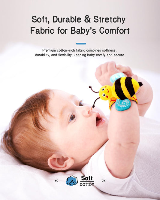 Infinno soft cotton foot finders on tiny ankles support tactile play and movement.
